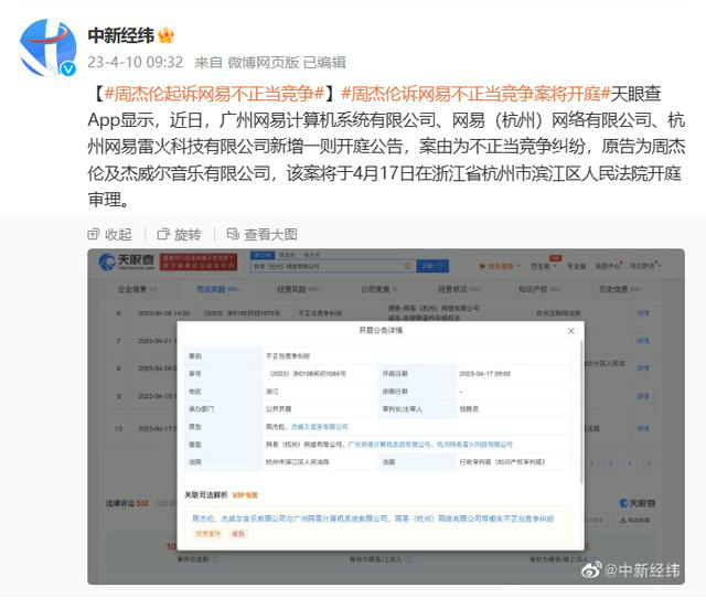 周杰伦就不正当竞争起诉网易 将于4月17日开庭审理